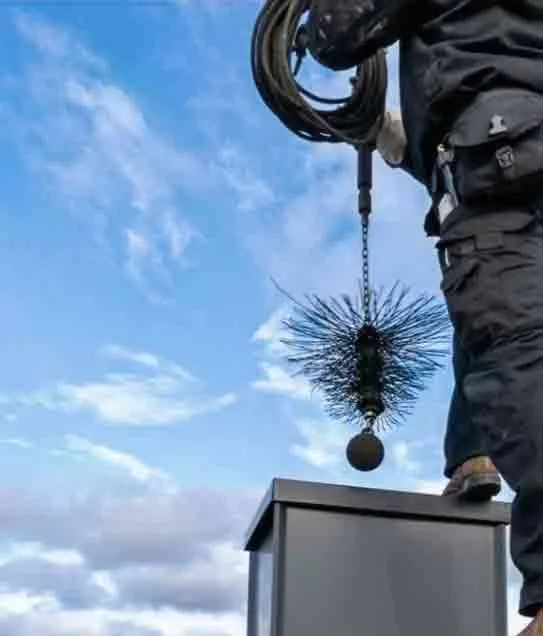 Technician performing chimney service at a home